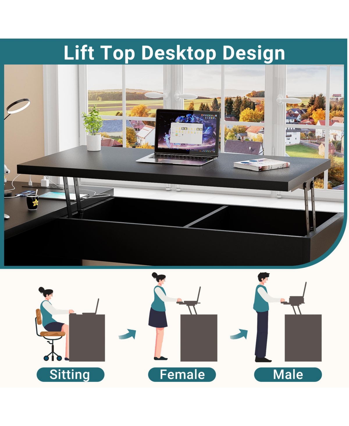 56'' Lift Top Computer Desk with Drawers and Power Outlets, Executive