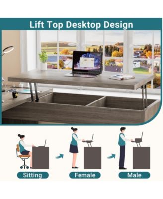 56'' Lift Top Computer Desk with Drawers and Power Outlets, Lift Top Executive Desk