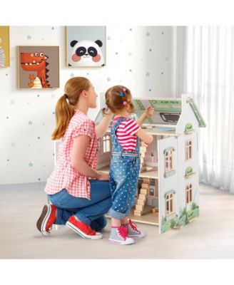 Kids Wooden Dollhouse 3 Level with Double-Sided Roofs and Doors