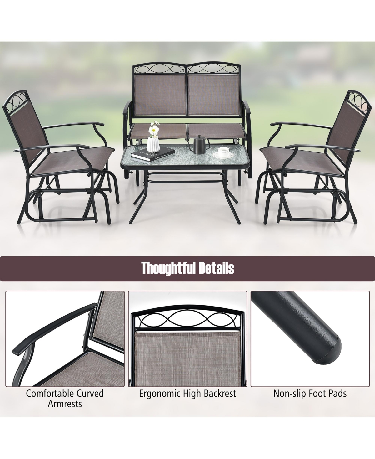 Gymax Patio Swing Glider Chairs Set of 2 Outdoor Metal Glider Armchairs Garden Poolside