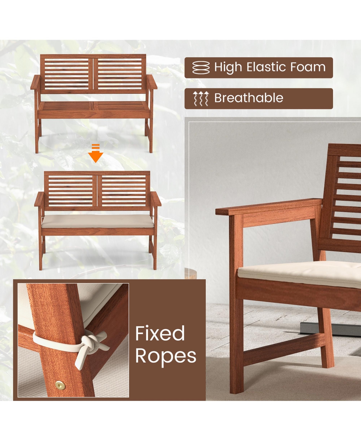 Gymax Outdoor Bench with Cushion 2-Person Patio Bench w/Slatted Back & Seat Garden Backyard Balcony