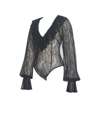 Women's Taliah Black Sheer Lace Ruffled Collar Bodysuit