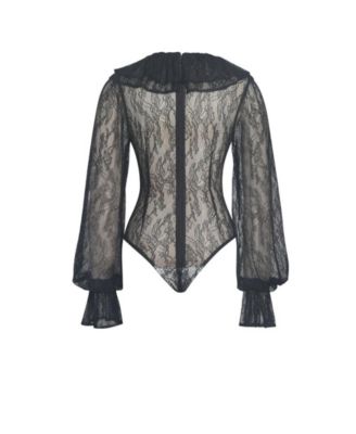 Women's Taliah Black Sheer Lace Ruffled Collar Bodysuit
