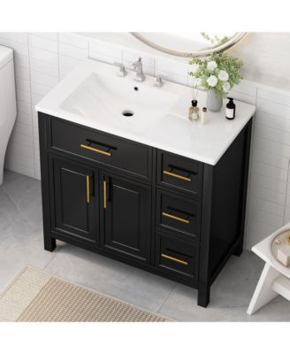 36" Solid Wood and MDF Bathroom Vanity with Sink Top, Cabinet Doors and Drawers