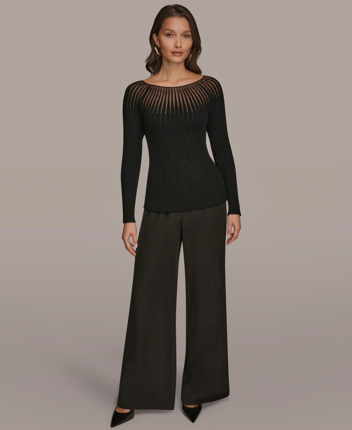 Donna Karan New York Women's Collared Knit Long Sleeve Boat Neck Sweater