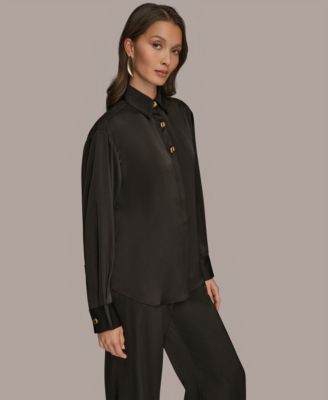 Women's Silk Collared Long Sleeve Button Down Top