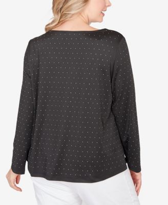 Plus Size Long Sleeve Asymmetrical Neck Top with Rhinestones