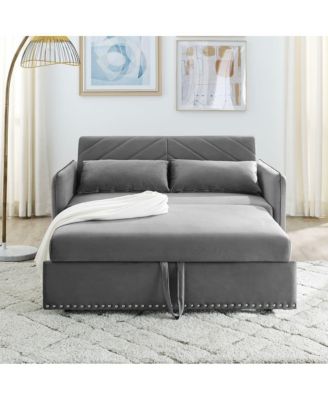 55'' Pull-Out Sleeper Sofa Bed with USB Ports, Adjustable Backrest, Velvet 2-Seater Couch with Side Pockets & Pillows