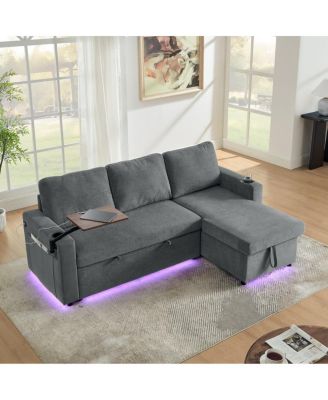 Maison Boucle Modern Chenille Upholstered Wood Pull-Out Sleeper with LED Lights, USB Ports & Cup Holders Sofa Bed