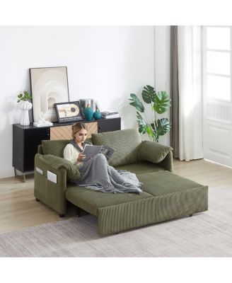 64.5 Inch 3-in-1 Corduroy Pull-Out Sleeper Sofa, Adjustable Loveseat Bed with Storage Pockets & 2 Pillows