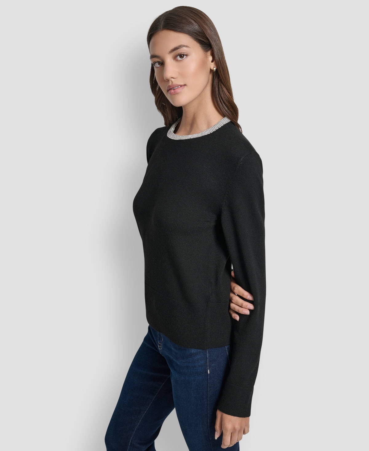Dkny Jeans Petite Embellished Trim Sweater Top In Black