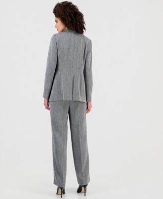Anne Klein Womens Herringbone Open Front Blazer Herringbone Wide Leg Pants In Gray