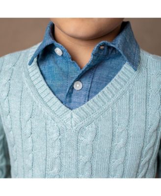 Baby Boys Long Sleeve Fine Gauge Cable V-Neck Sweater