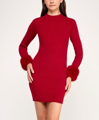 Juniors' Long Sleeve Mock Neck Slim Sweater Dress with Attached Fur Cuff
