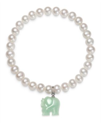 Macy's - Freshwater Pearl (6-7mm) and Dyed Jadeite Elephant Charm Stretch Bracelet
