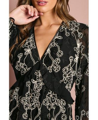 Women's Long Sleeve Broderie Floral Midaxi Dress