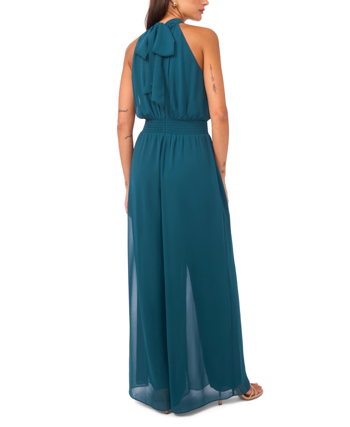 Vince Camuto Tie Neck Chiffon Overlay Wide Leg Jumpsuit In Green