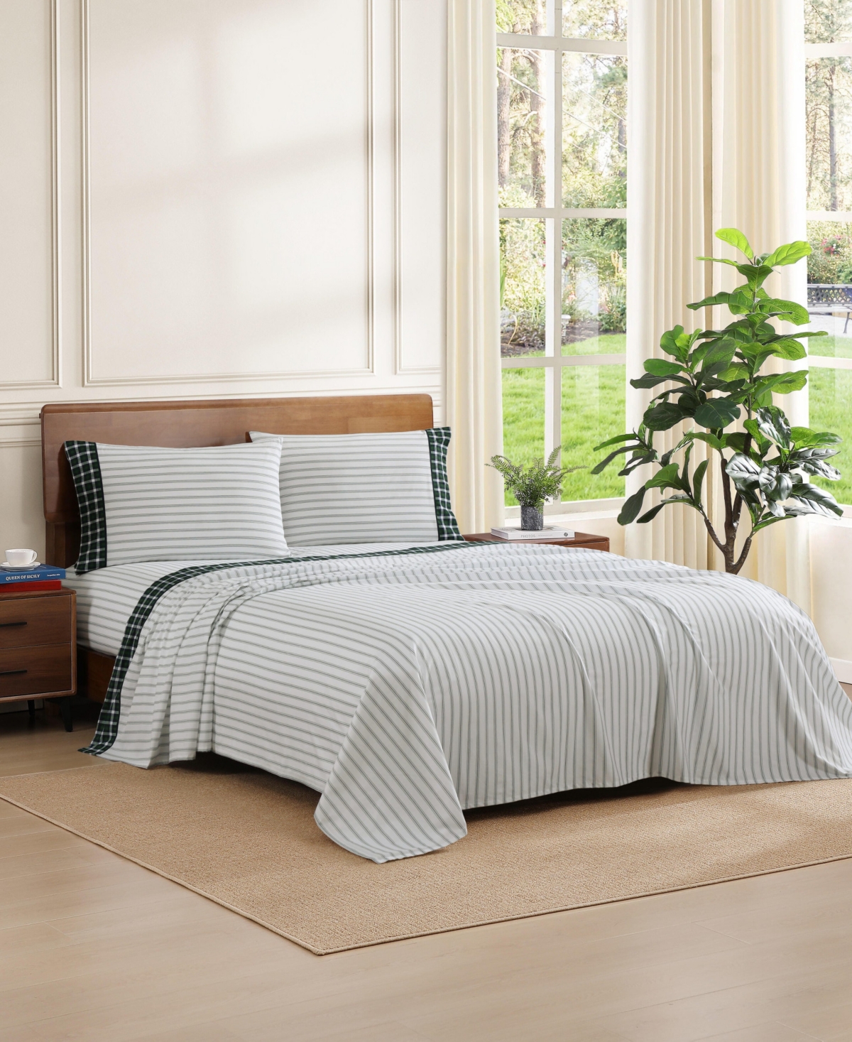 Tommy Hilfiger Cass Park Mix Check Stripe Contrast Hem 200-Thread Count Cotton -Pc. Sheet Set