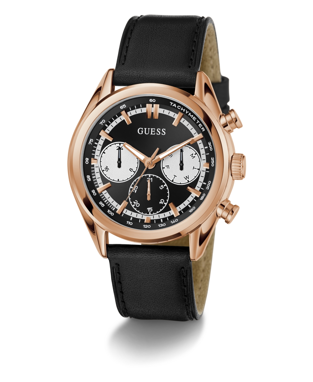 Guess Men's Rose Gold-Tone Black Leather Multi-Function Watch, 44mm