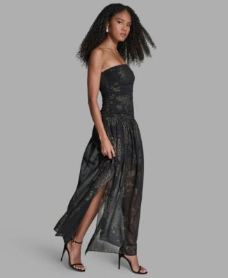 Women's Foil Pleated Strapless Maxi Dress