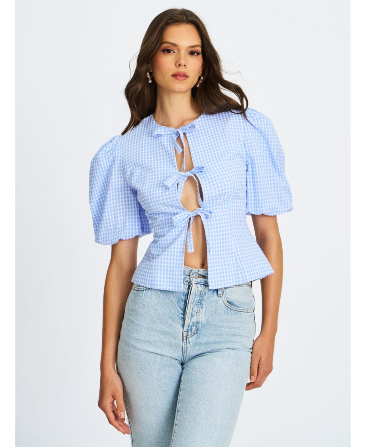 Miss Circle Women's Qusayla Baby Blue Gingham Bubble Sleeve Bowtie Top