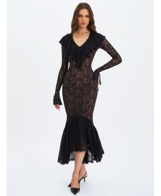 Women's Parisa Black Lace Ruffled Mermaid Maxi Dress