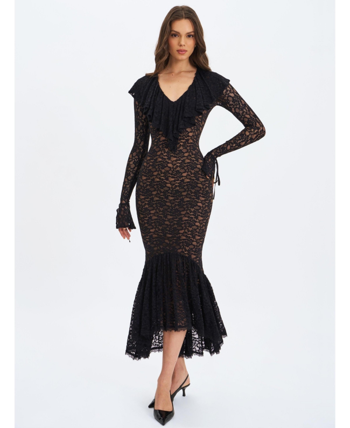 Miss Circle Women's Parisa Black Lace Ruffled Mermaid Maxi Dress