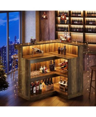 L-Shaped Kitchen Island, Home Bar Unit for Home, 4-Tier Corner Liquor with Storage Shelves and Wine Glasses Holder