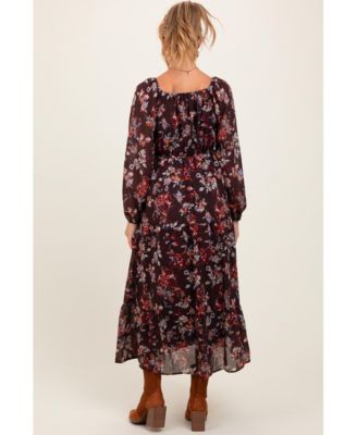 Maternity Brown Floral V-Neck Bubble Sleeve Maxi Dress