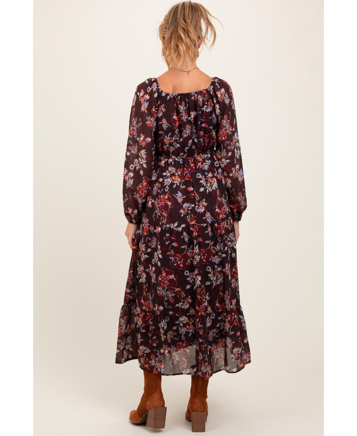 Pinkblush Maternity Brown Floral V-Neck Bubble Sleeve Maxi Dress