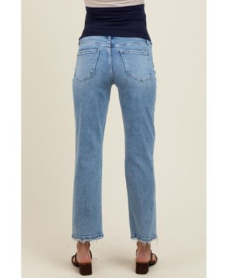 Light Blue Distressed Open Knee Ankle Straight Leg Maternity Jeans