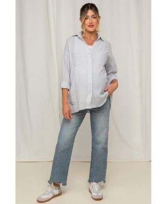 Maternity Light Blue Fringe Hem Wide Leg Jeans