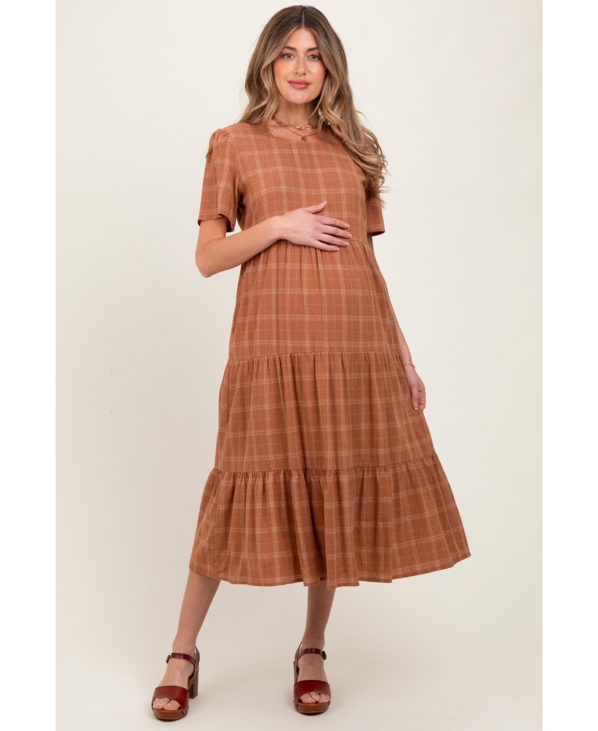 Pinkblush Maternity Rust Plaid Tiered Short Sleeve Dress