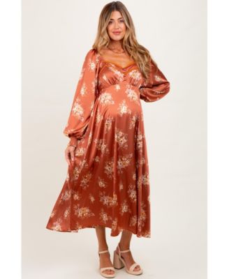 Maternity Rust Satin Floral Bubble Sleeve Midi Dress