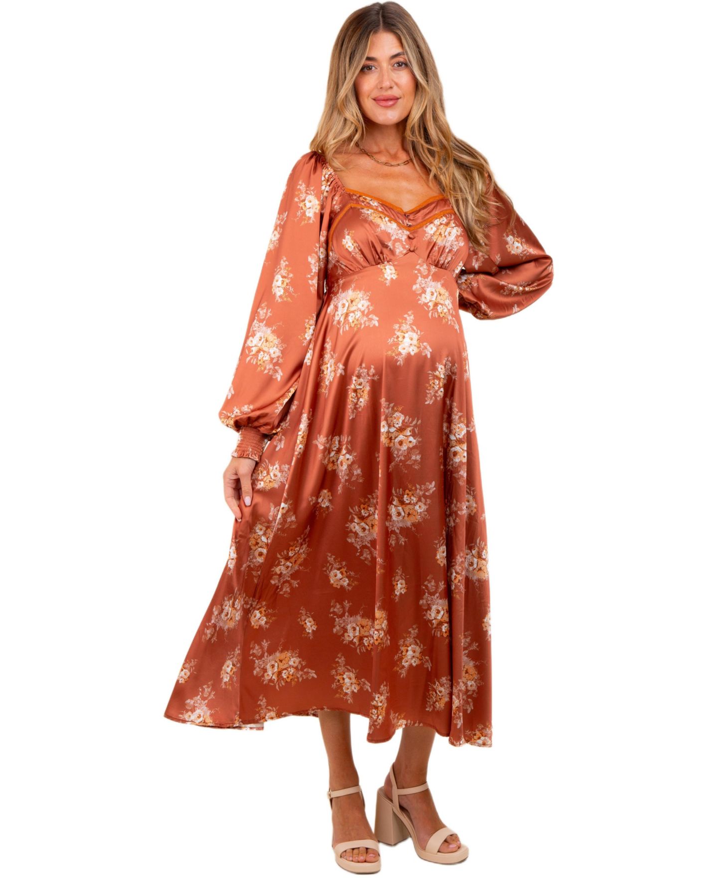 Женское платье Pinkblush Rust Satin Floral Bubble Sleeve Midi, цвет: Ржавый — фото 2