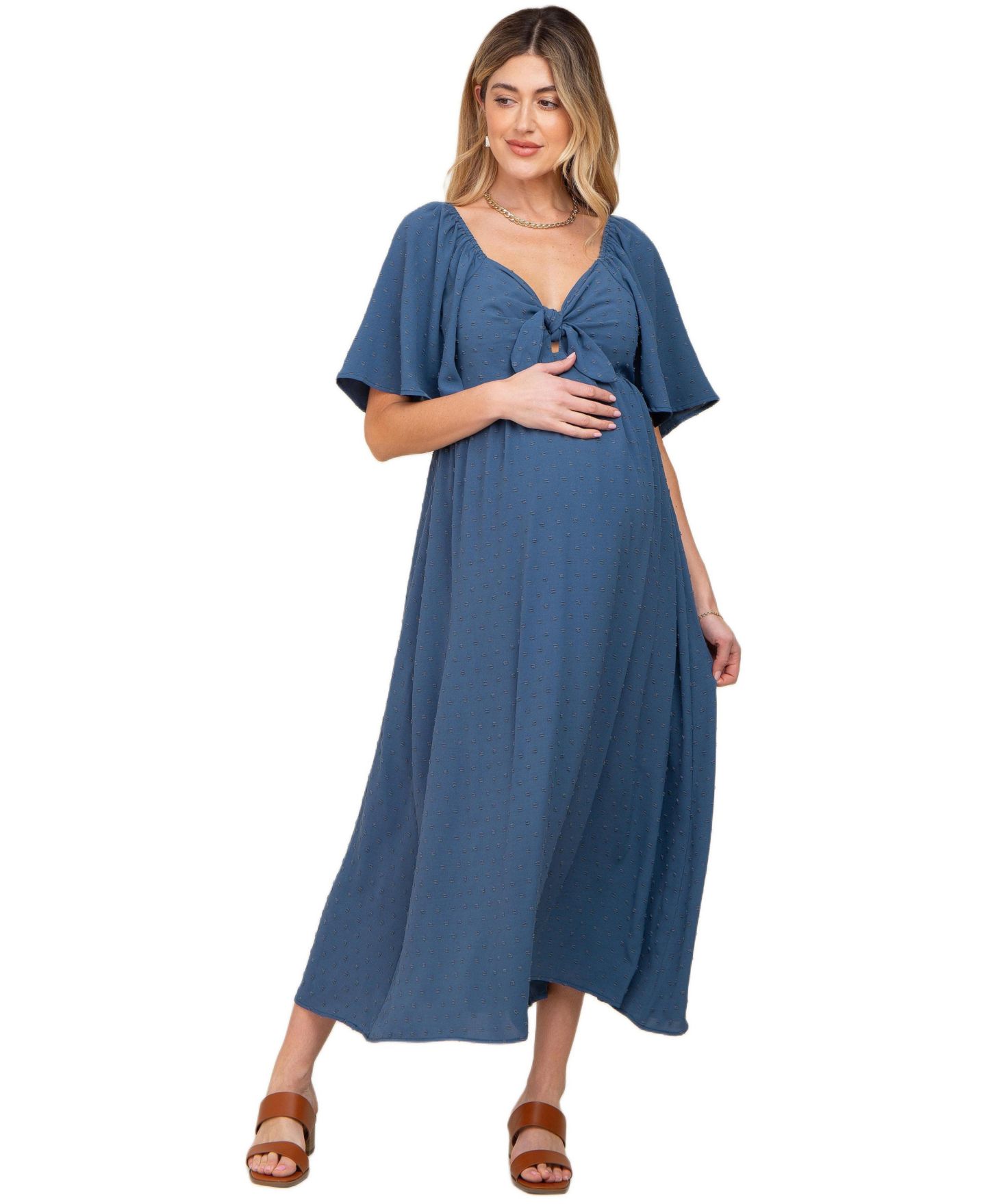 Женское платье Pinkblush Navy Blue Textured Dot Front Tie Ruffle Sleeve Midi, цвет: Тёмно-синий — фото 1