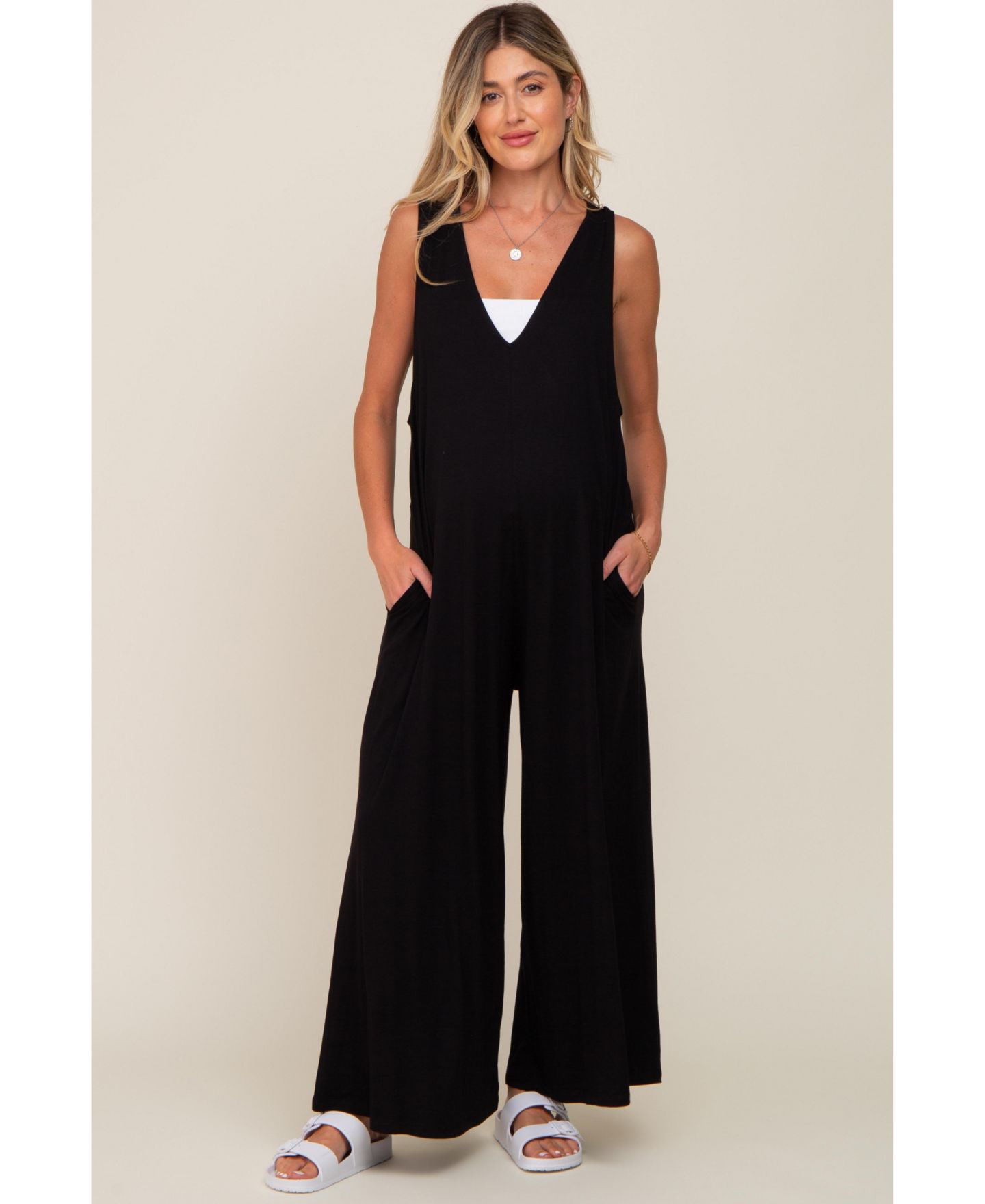 Женский комбинезон Pinkblush Black Deep V Sleeveless Wide Leg Jumpsuit, цвет: Чёрный — фото 5