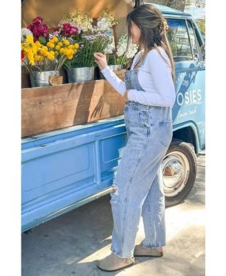 Maternity Light Wash Distressed Overalls