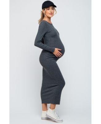 Maternity Charcoal Ribbed Fitted Long Sleeve Midi Dress