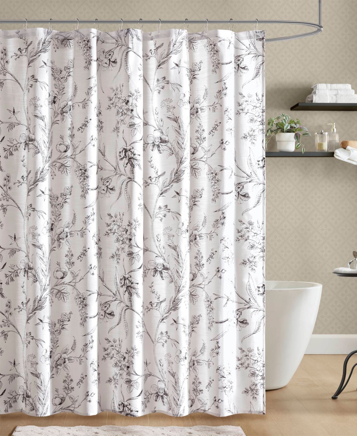 Laura Ashley Branch Toile Vintage Floral Shower Curtain, 72" X 84" In White