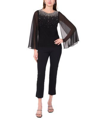 Petite Crystal-Embellished Flutter-Sleeve Top