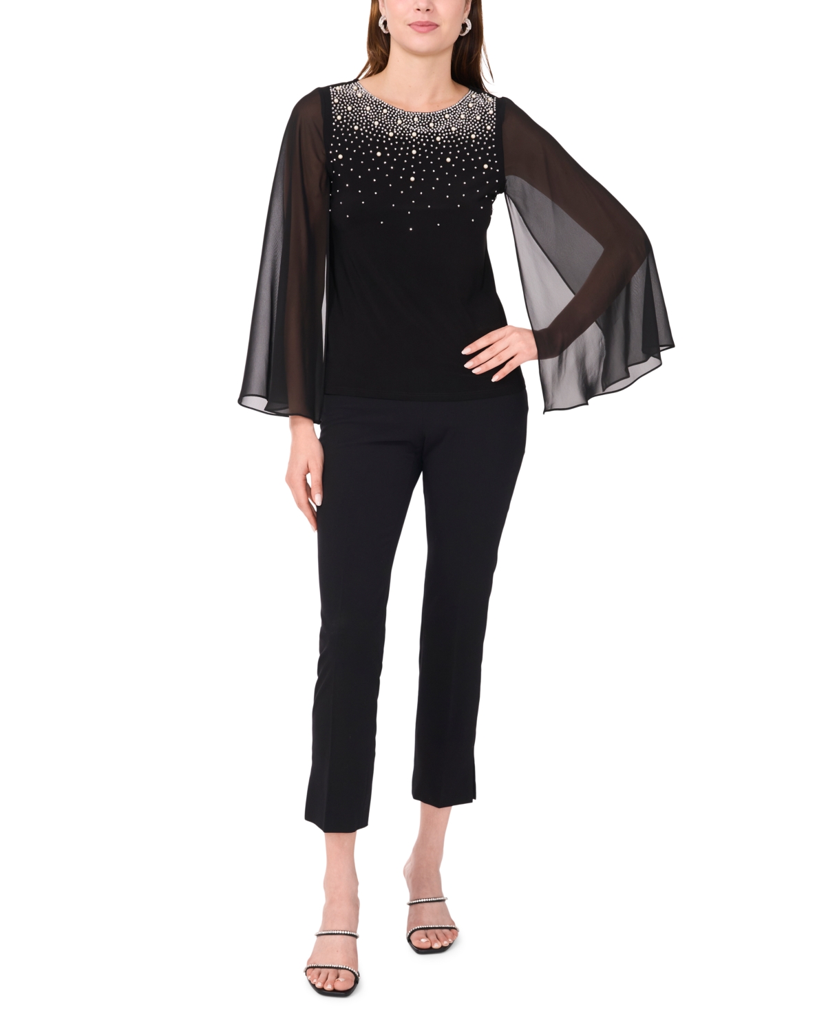 Msk Petite Crystal-Embellished Flutter-Sleeve Top