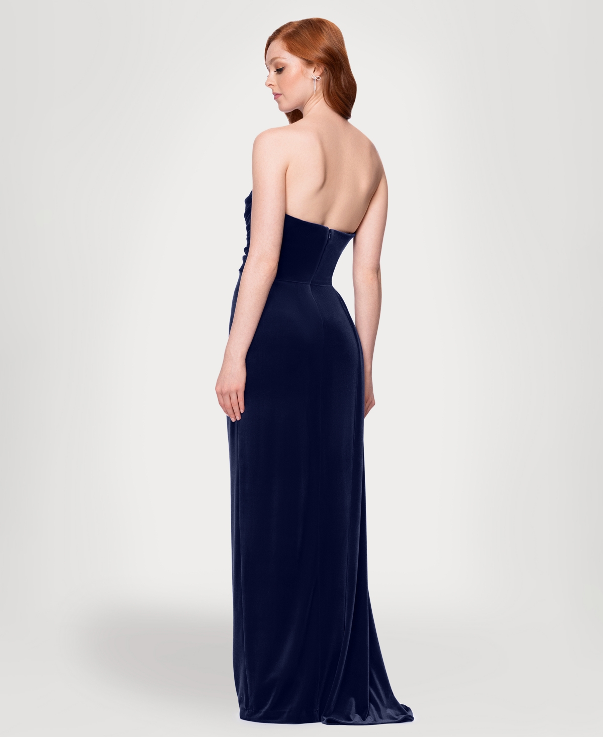Blondie Nites Drape Strapless Velvet Gown In Blue