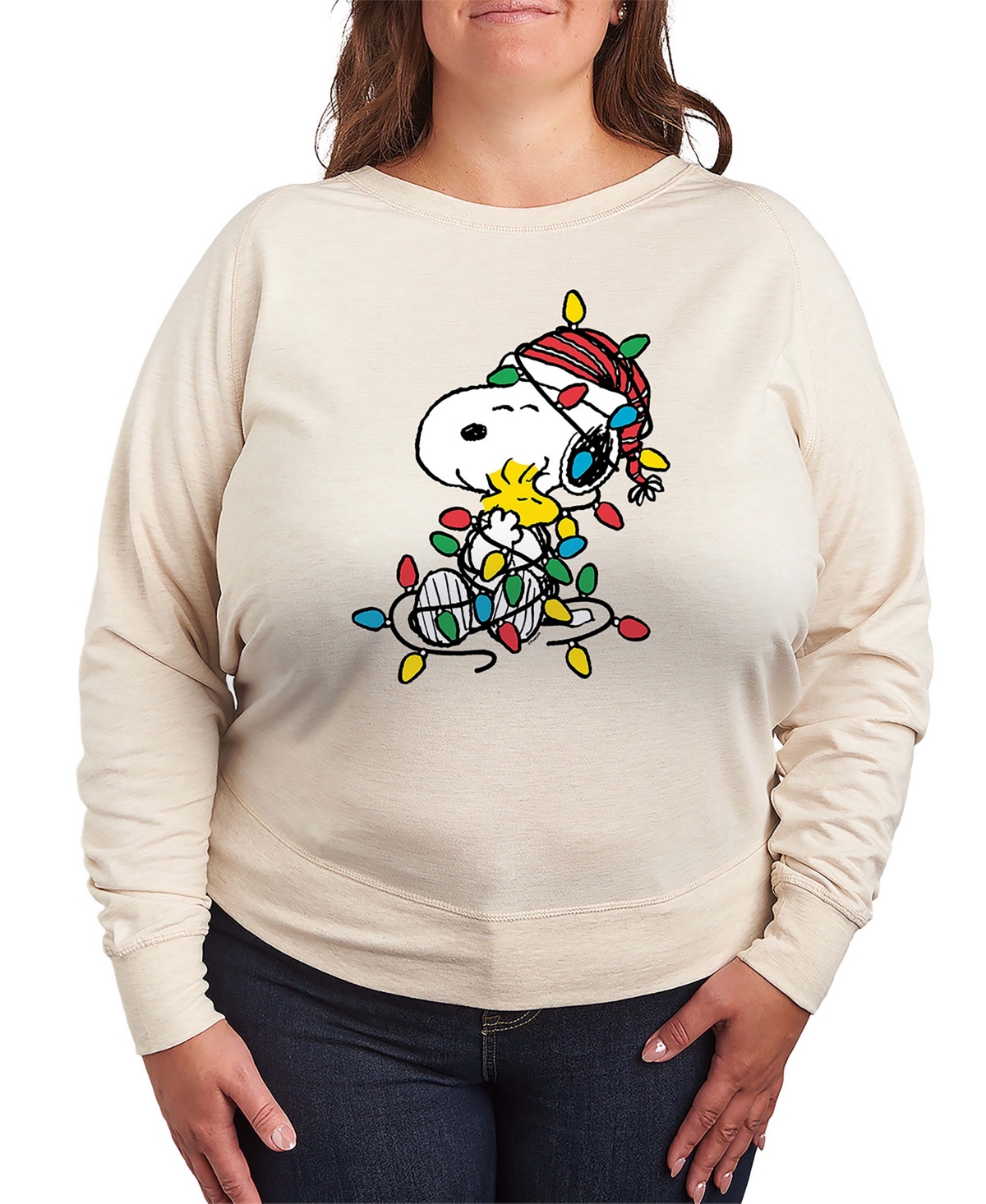 Hybrid Apparel Snoopy ans Woodstock Christmas Lights Women's French Terry Long Sleeve Shirt