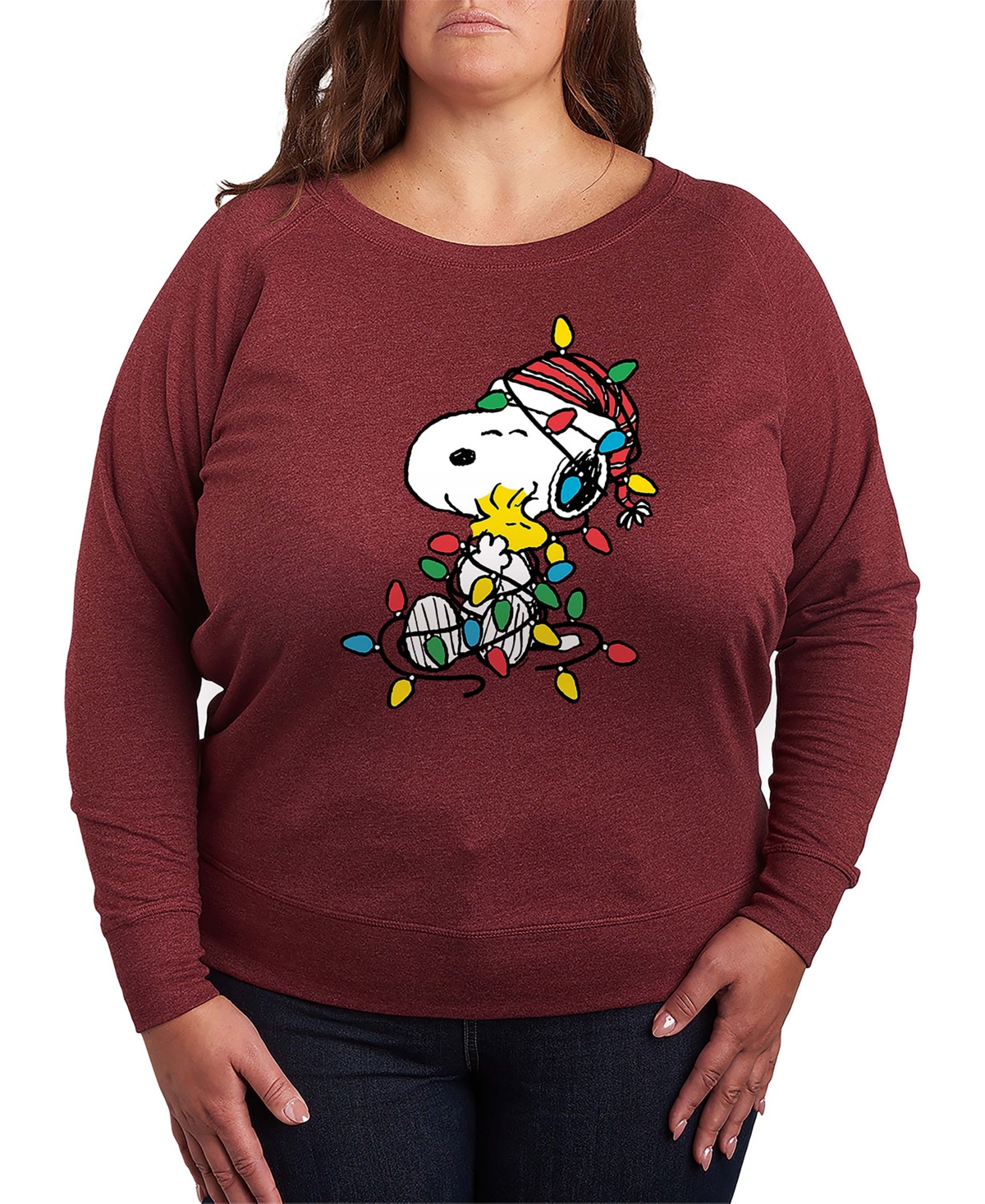 Hybrid Apparel Snoopy Ans Woodstock Christmas Lights Women's French Terry Long Sleeve Shirt In Red