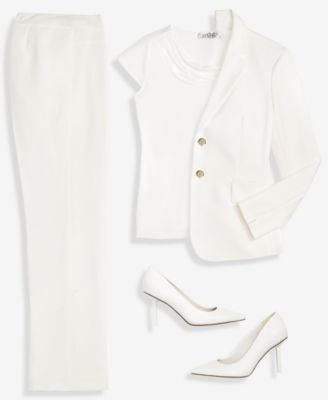 Kasper Womens Stretch Crepe Two Button Jacket Cowl Neck Cap Sleeve Top Stretch Crepe High Rise Straight Pan In White