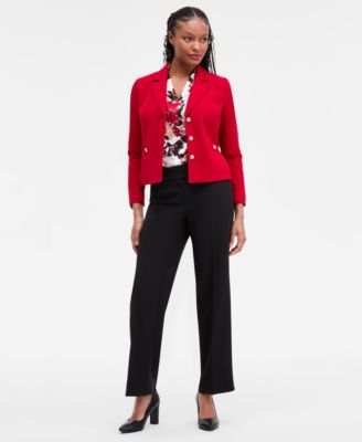 Kasper Womens Stretch Crepe Three Button Jacket Floral Print Pleated Shoulder Blouse Stretch Crepe Wide Leg In Red