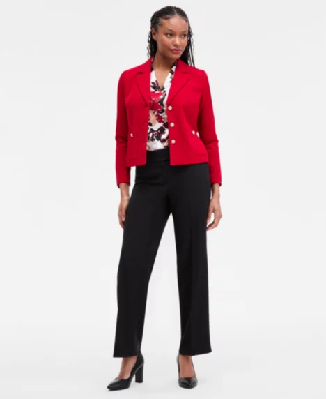 Women's Stretch Crepe Three-Button Jacket, Floral-Print Pleated-Shoulder Blouse & Stretch Crepe Wide-Leg Pants - None