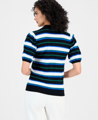 Women's Striped Elbow-Sleeve Polo Shirt