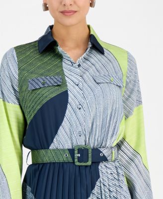 Women's Printed Belted Pleated Midi Dress